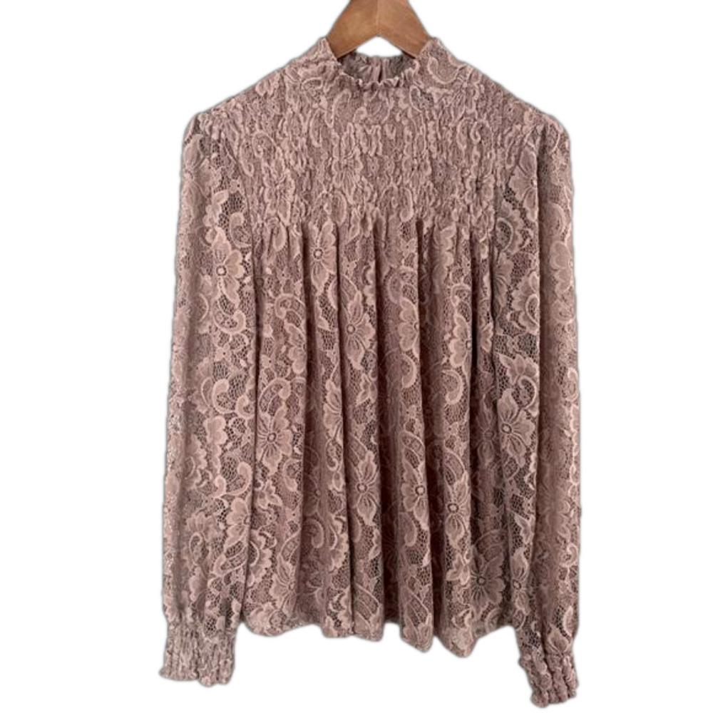 Cable & Gauge High Neck Lace Top Size L Mauve Pink Lined Shirred Stretch